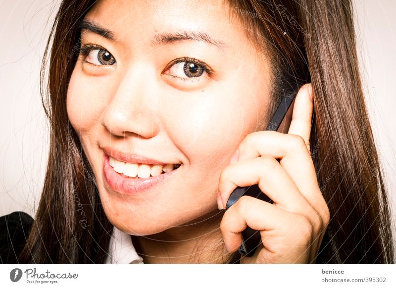 Hello Woman Human being Telephone Cellphone Smiling Looking into the camera Teeth iPhone Asians Chinese Business Businesswoman Close-up Workshop Isolated Image