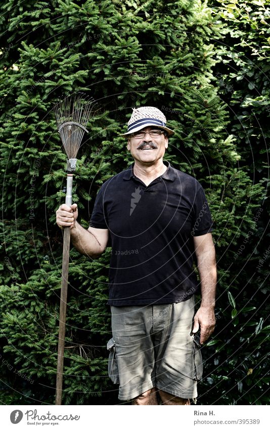 Let's see what a rake is. Gardening Man Adults 1 Human being 60 years and older Senior citizen Nature Summer Beautiful weather Tree Fir tree Shirt Shorts Hat