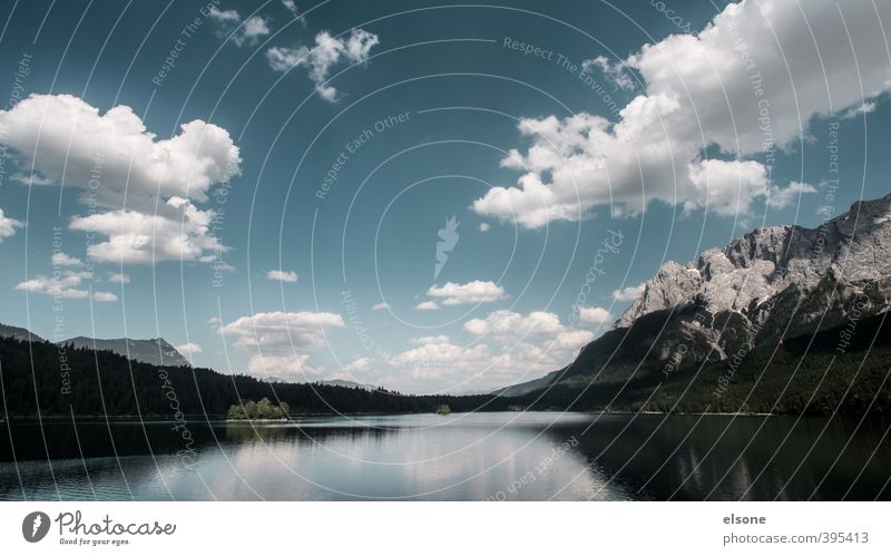 Eibsee Nature Landscape Water Sky Clouds Summer Beautiful weather Tree Forest Rock Alps Mountain Zugspitze Snowcapped peak Lakeside Eib Lake Swimming & Bathing