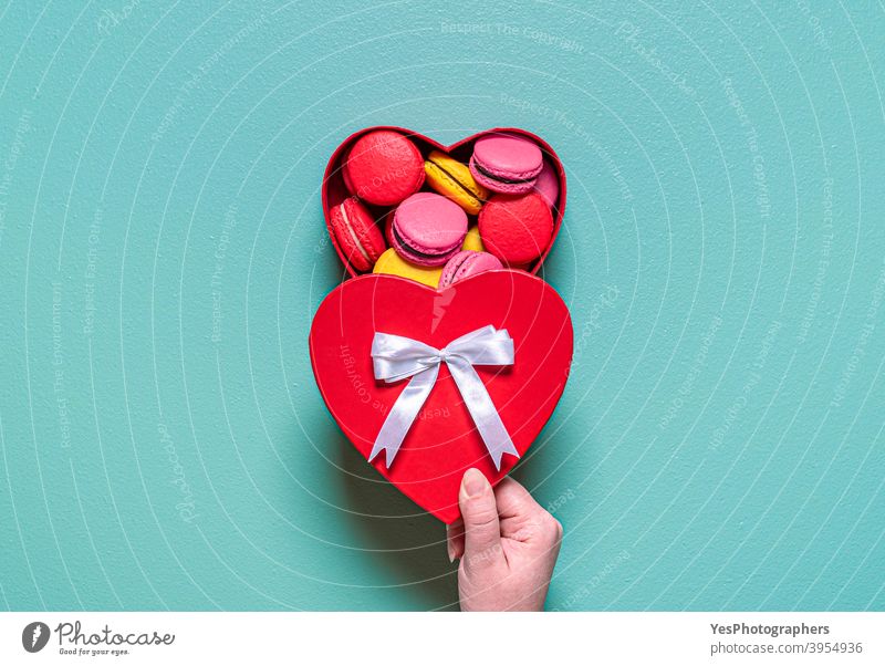 Macarons in a gift box. Woman hand opening box with macarons. above view almond cookies artisanal background baked chocolate ganache colorful comfort food