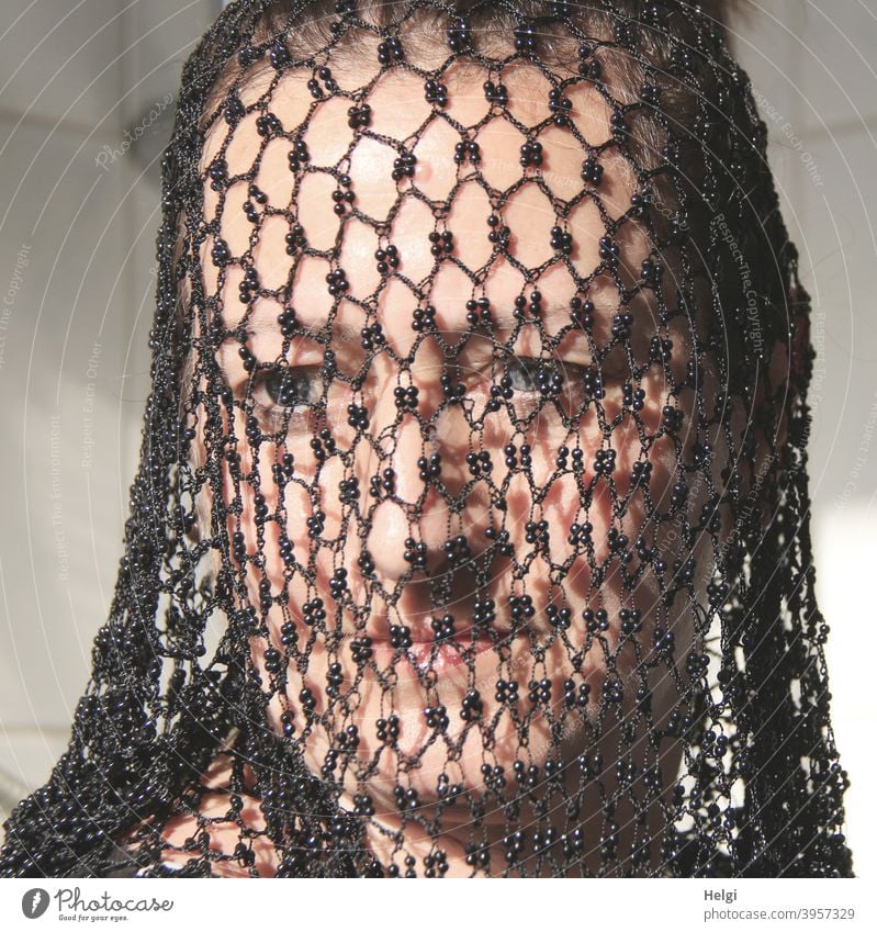 transparent - face of a woman covered with a black net Human being Woman Adults Head Face Net Network Protection Pattern structure Looking Timidity Mistrust