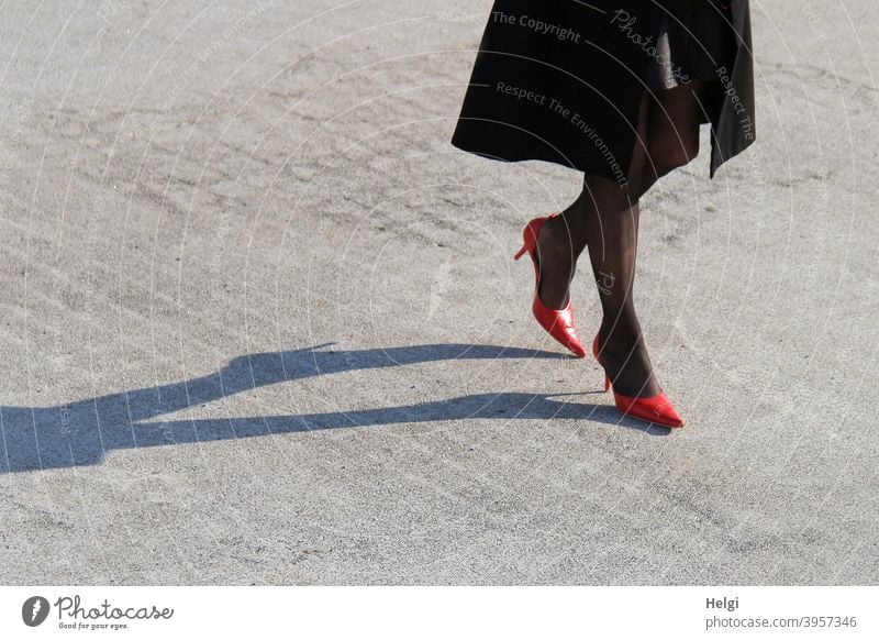 Legs of elegant lady in red pumps and black stockings and black coat with long shadow on stone floor Woman Lady Elegant Footwear Coat Light Shadow Stone floor