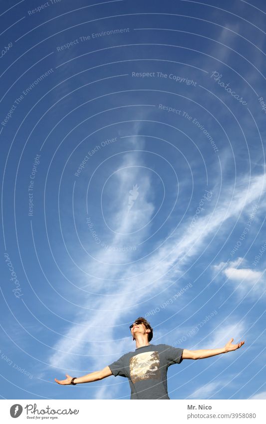 close to nature | so close to the sky Sky Blue sky Beautiful weather Man Happy Heavenly Contentment Climate Clouds Compass point Canopy (sky) Cloud formation