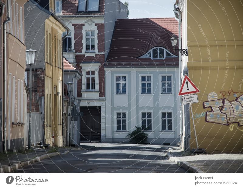 as dead as dead streets Housefront Town house (City: Block of flats) Architecture Street Extinct Downtown Brandenburg an der Havel Facade Road sign Caution