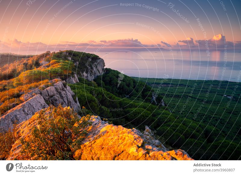 Picturesque rocky landscape and sea at sunset highland amazing forest sundown seascape cadiz andalucia spain calm harmony scenic nature sky coast picturesque