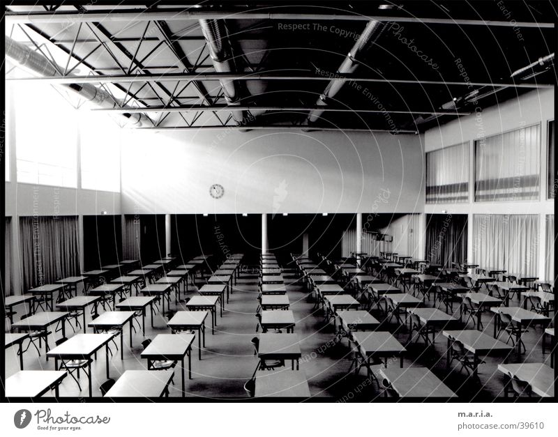 assembly hall Auditorium Wide angle Table Window Shaft of light Clock Architecture School Black & white photo Perspective Room Warehouse School building