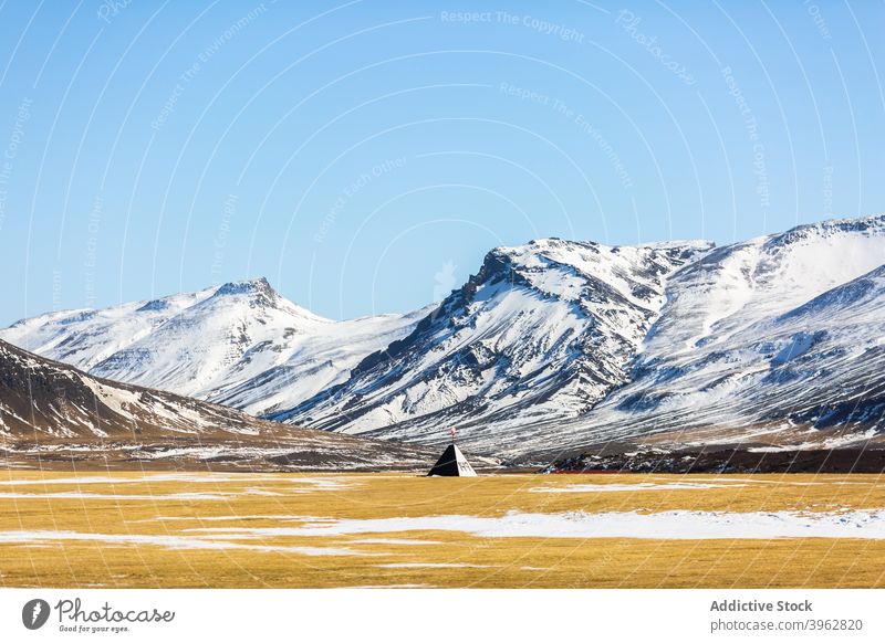 Wigwam in mountainous valley in winter wigwam landscape highland snow sunny construction residential iceland cold picturesque spectacular idyllic amazing scenic