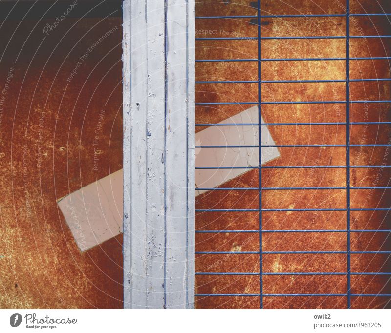 Lockdown Grating Vista Close-up Wooden wall reddishly Derelict Trashy Colour photo Transience lattice door Structures and shapes Metal Exterior shot Obscure