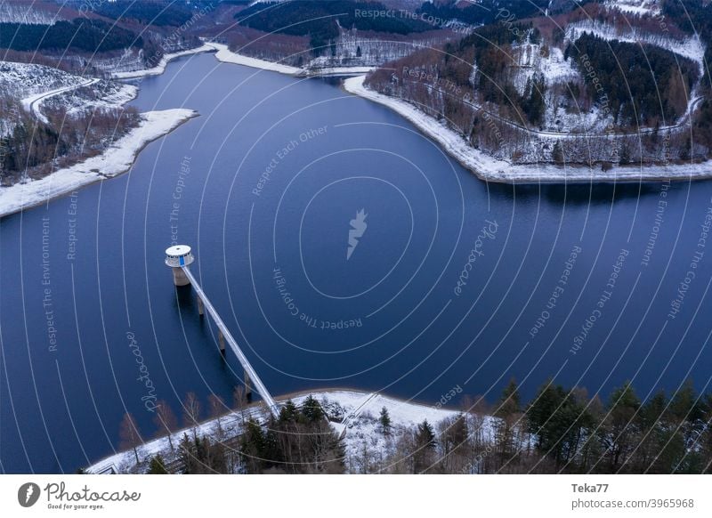 #Winter dam River dam water obernau net NRW Drinking water drone from on high Germany Snow Ice