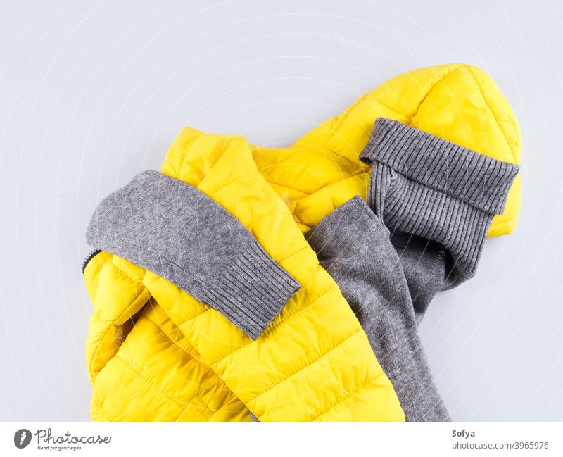 Fashion outfit gray turtle neck with yellow jacket clothes winter coat fashion sleeve ski shopping sweater sport accessories color autumn illuminated female