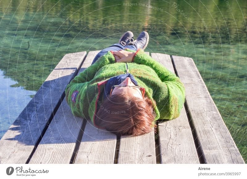 I'm gonna lie here for so long... Woman Footbridge Lake Water sunbathe Sunbathing Rural Lie Rest rest Swimming lake Autumn Summer Vacation & Travel