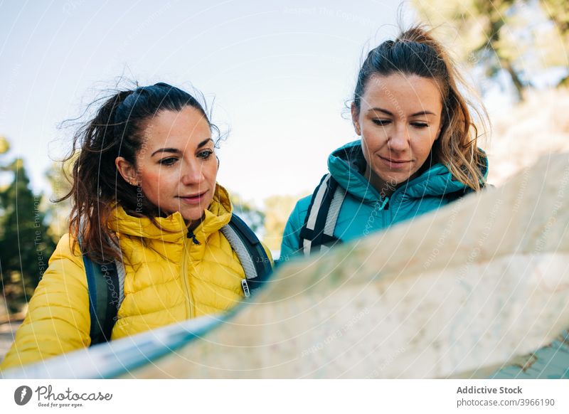 Female travelers navigating with map on road women navigate read car search orientate route female direction together paper journey tourism trip guide stand