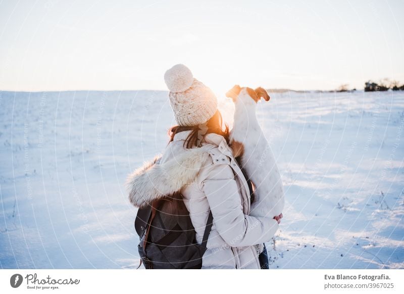 back view of woman in snowy mountain wearing modern coat at sunset. Holding cute jack russell dog in arms. winter season. nature at sunset travel owner pet love