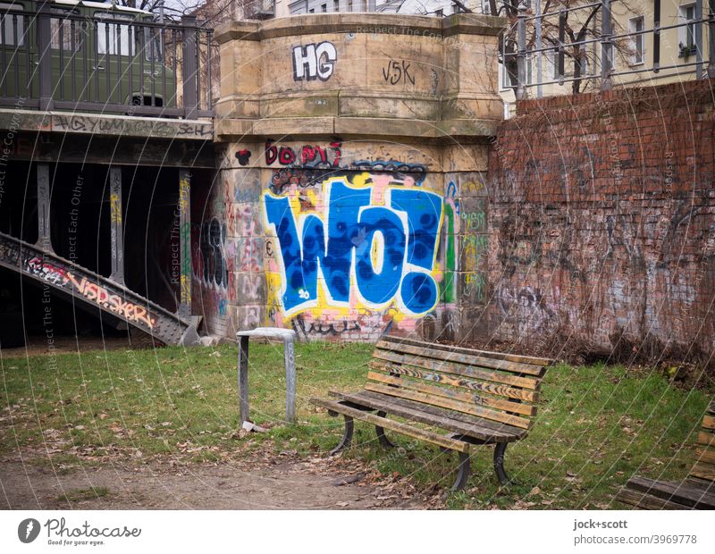Where. If not in the Luisenstädtischer Kanal Park Bridge Angel Basin Graffiti Word Where! Park bench Street art Youth culture Daub Berlin Kreuzberg Creativity