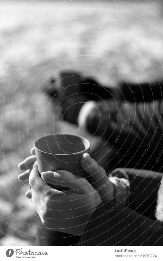 Woman hands clasp a cup Black & white photo Women's Hands Coffee break To have a coffee Hot drink Beverage Coffee mug Mug To enjoy Food Close-up Break rest hike
