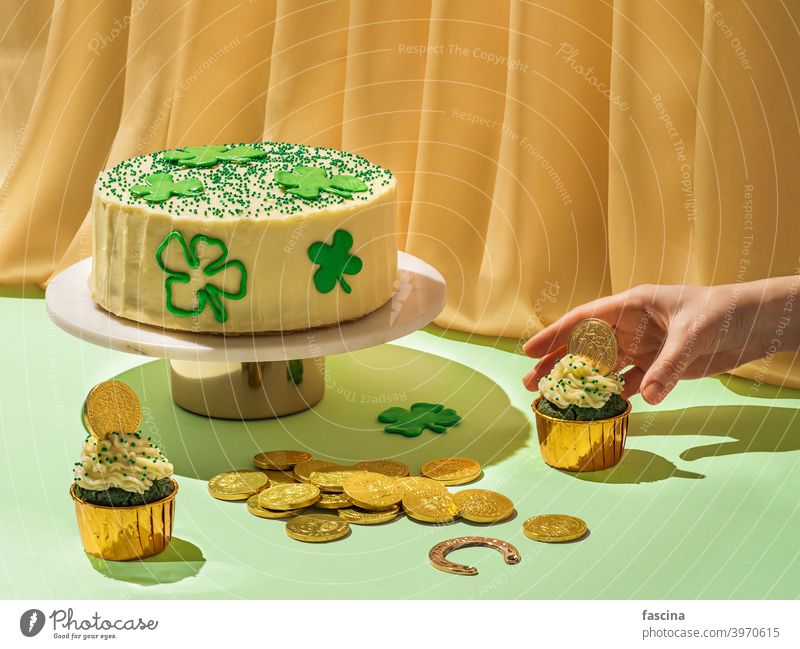 Food for Saint Patrick's Day party, modern still life patrick day food concept creative saint velvet cupcake green gold surrealism holiday velvet cake aesthetic