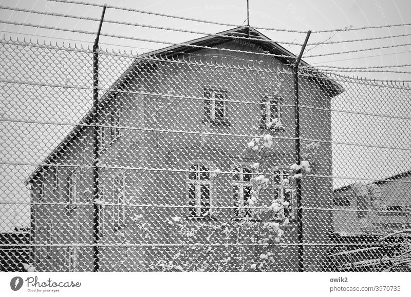 Difficult to access Wire netting fence Boundary House (Residential Structure) Window Wall (building) Wall (barrier) Town Exterior shot Calm Long shot Deserted