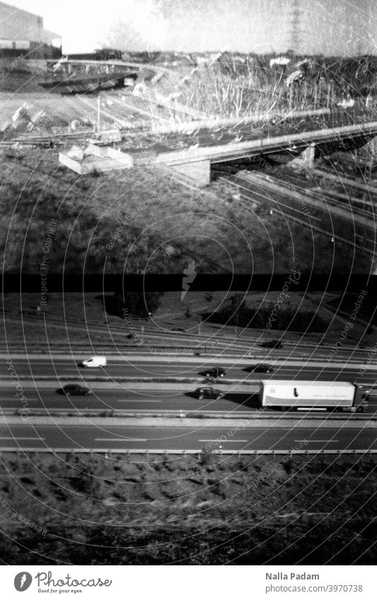Cityscape duet 6 Analog Analogue photo black-and-white Diana Mini half format Bochum Bochum West Highway two pictures Transport Double exposure Bridge The Ruhr