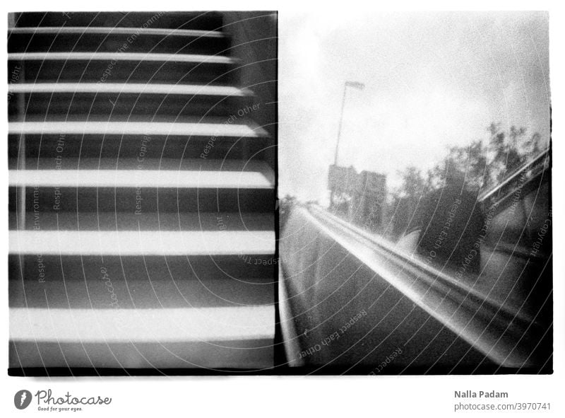 up and down Analog Analogue photo black-and-white Stairs Escalator person