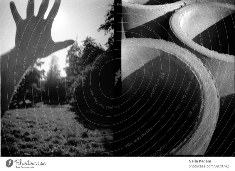 Cityscape duet 9 Analog Analogue photo black-and-white Diana Mini half format LoFi Hand Meadow trees Sun mask sb./sth. shadow Round Concrete concrete parts