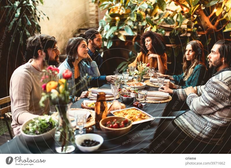 group of adult friends at dinner garden party together having dinner Adult Candid Outdoor Young Adult alcohol backyard celebrating chatting dinner party