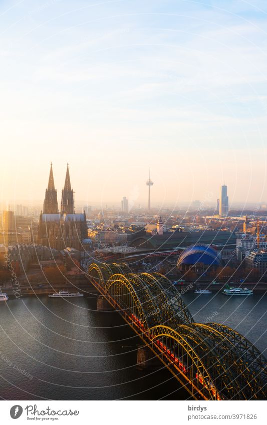 Cologne in the evening light, Cologne Cathedral, Hohenzollern Bridge and TV Tower from above. Panorama Landmark Cologne television tower City panorama Rhine