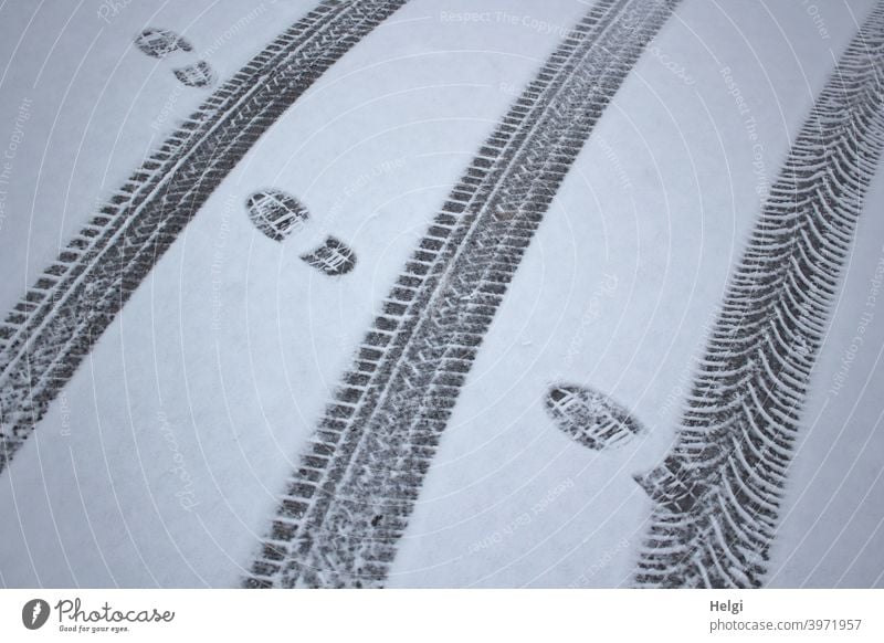 Tracks in the snow from car tires and shoes Snow Winter chill Skid marks footprints Imprint Pattern structure Cold Exterior shot Deserted White Snow track