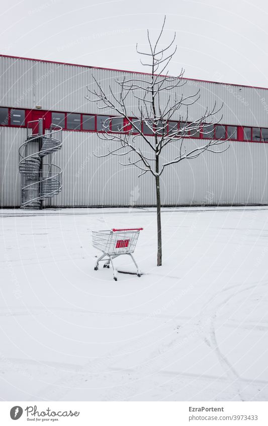 Red-White Snow Ice Shopping Trolley Shopping malls Tracks Cold Tree Deserted Frost Winter Facade Stairs Winding staircase Window Building Consumption