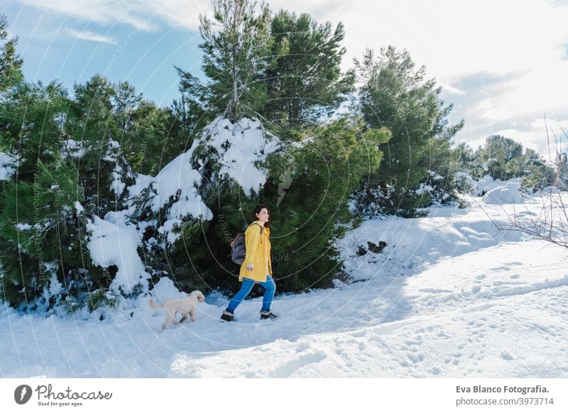 backpacker woman hiking outdoors with cute poodle dog. Snowy mountain in winter season. nature, pets and lifestyle snow yellow coat happy smiling travel daytime