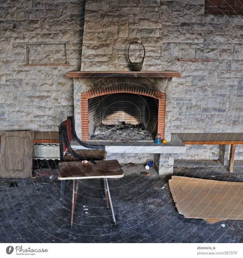 chair table abandoned house fireplace House (Residential Structure) Chair Table Fireside Living room Ruin Old Poverty Dirty Retro Loneliness charred interior