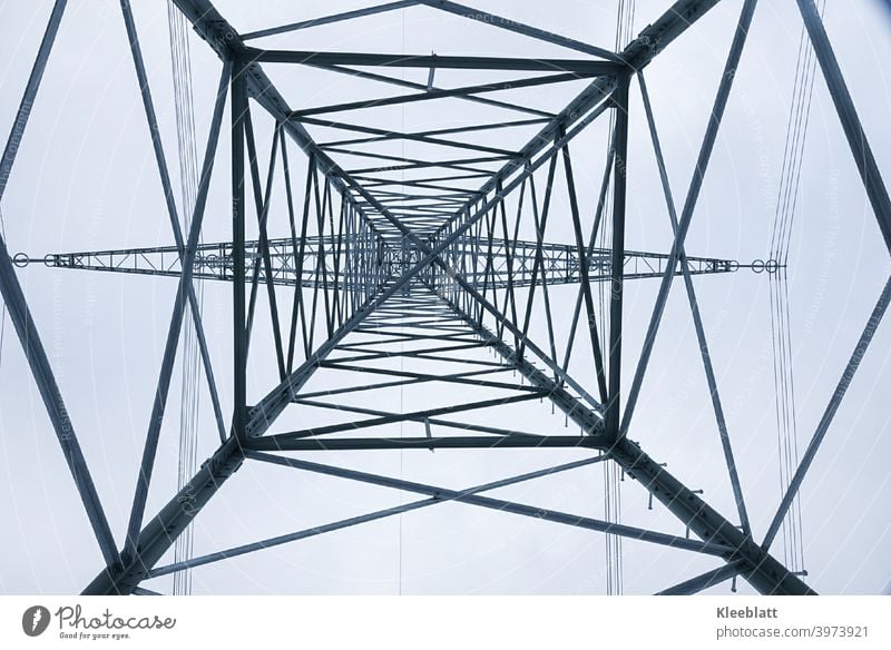 View from below upwards in a power pole Industry Electricity pylon Transmission lines Sky Energy industry Cable High voltage power line Save energy Technology