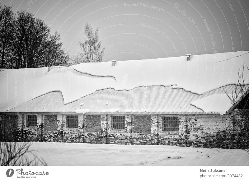 amazing shapes of snow on old farmhouse`s new roof Agriculture background beautiful calm cold cottage countryside cover field forest frozen garden harvest ice