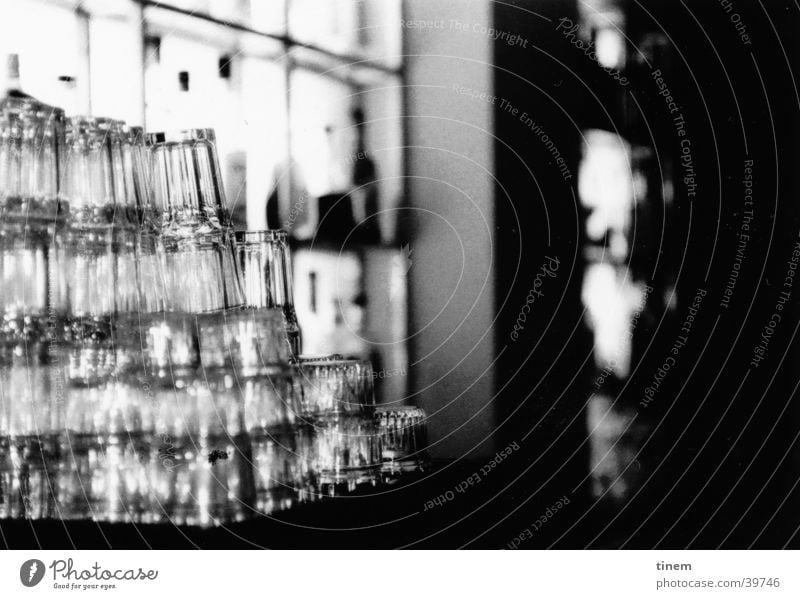 glass tower Bar Gastronomy Counter Glass Club Black & white photo Foyer Glas facade Stack