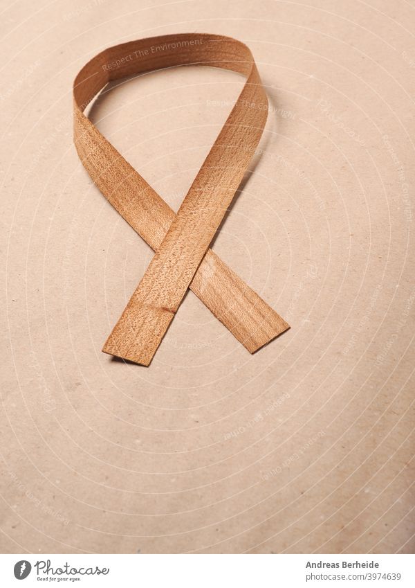 Wooden edge veneer curl on a natural paper,symbol for Liver Cancer awareness, World Cancer Day ribbon brown wood wooden shaped joinery carpentry woodworker