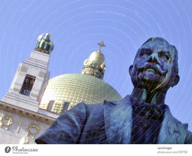 think Kirche am Steinhof Vienna Statue Gold Domed roof Man Tails Historic Baumgartner Height Sky Blue bearded