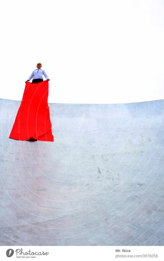 Staging Red Cloth White Woman Feminine Accessory Uniqueness Blonde Sky height Fashion show Whimsical Bizarre Concrete wall Open-air theater Elegant Rag