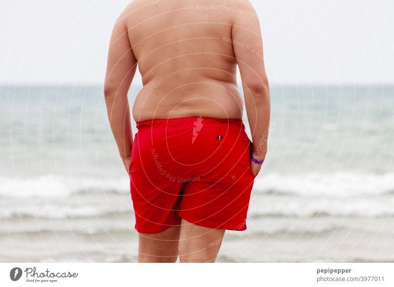 Baywatch - Overweight man on the beach Beach Man vacation Fat Bacon speckrolle Ocean Stomach Vacation & Travel Summer Water Swimming & Bathing Human being coast