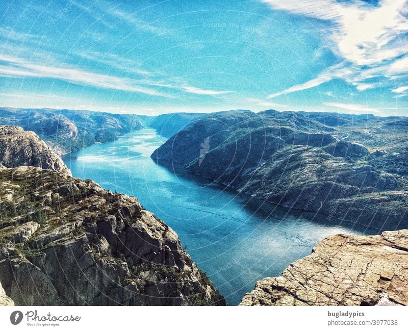 View over the Lysefjord / Fjord from Preikestolen (Norway) Rock rocky coast Mountain mountains Fjordlands Fjords fjord view Ocean Scandinavia Nature Landscape
