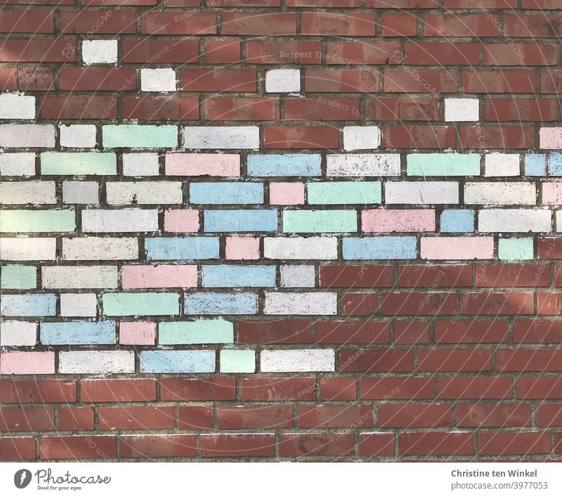 Brick facade, painted with chalk colorfully and very neatly Chalk Chalk paints Painting colours Painted Pattern Exterior shot Structures and shapes Abstract