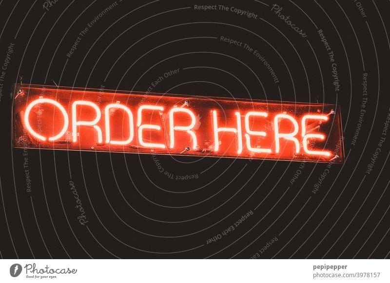 Sign ORDER HERE Signs and labeling sign Neon light Neon lamp Red Characters Advertising Lighting Letters (alphabet) Illuminated letter Billboard