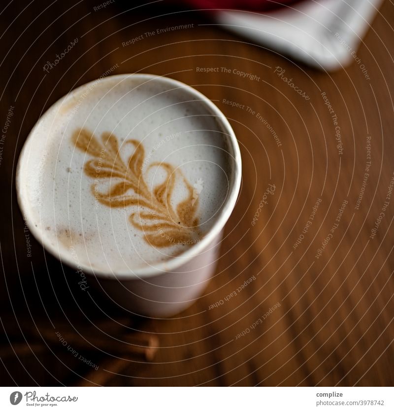 Cafe to go barista latte Latte macchiato Cappuccino take away Wood Heart Wooden table creation Beverage Mug Coffee Café Foam milk foam Pattern Foam up Twig