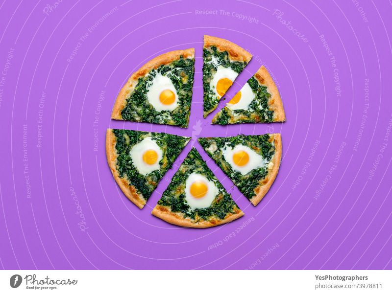 Sliced pizza with spinach and eggs, top view. Vegetarian pizza slices, minimalist Italian cheese colored background cuisine cut out delicious dinner