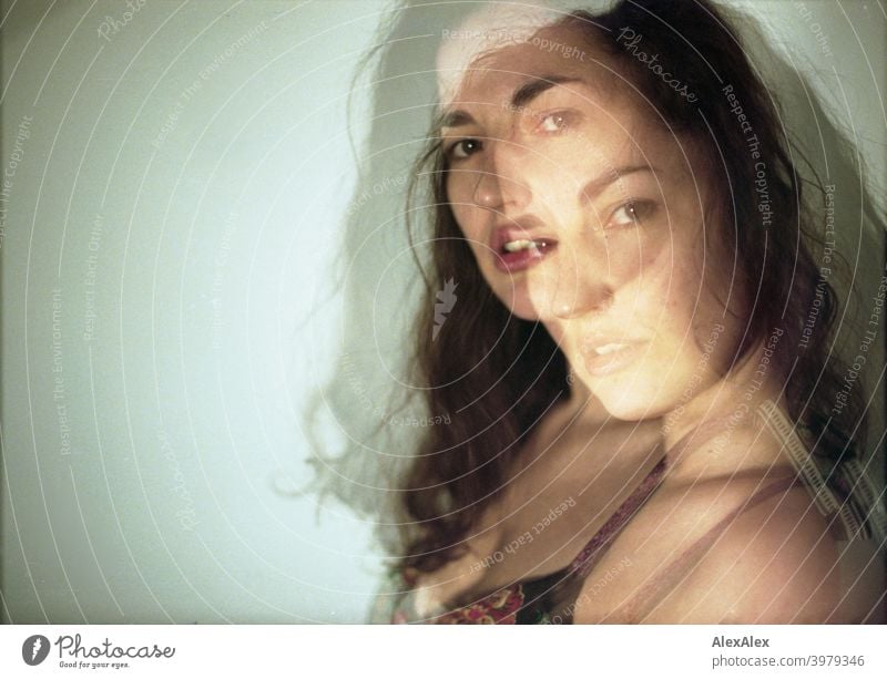 Double exposure - portrait of a young brunette long haired woman Woman naturally pretty Brunette Long-haired long hairs Slim block Shoulder Skin asking