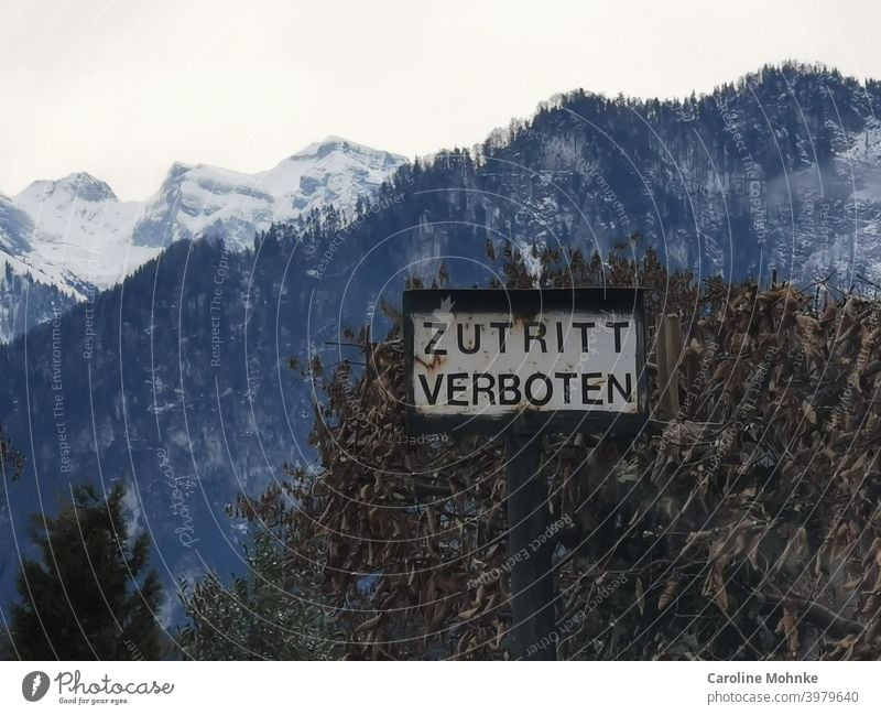 Sign "ZUTRITTEN VERBOTEN", in the background a withered hedge and snow mountains sign out of bounds Entrance Admission Signs and labeling Warning label Deserted
