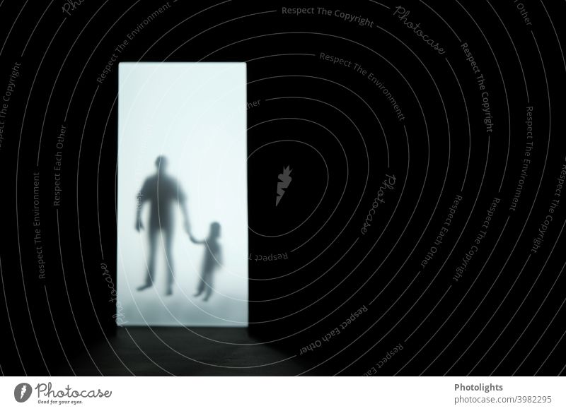 Silhouette of a child and man silhouettes Shadow Human being Dark Black White Interior shot Gray Adults Woman Man Child Fear Creepy depressing Emotions Threat