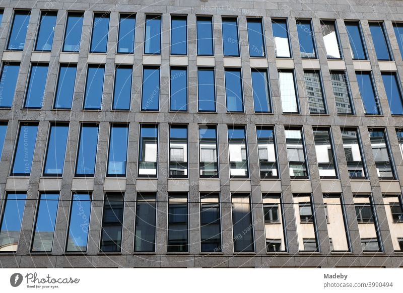 Reflecting blue windows in grey concrete of a modern office building in summer sunshine in the city of Frankfurt am Main in Hesse, Germany Architecture Facade