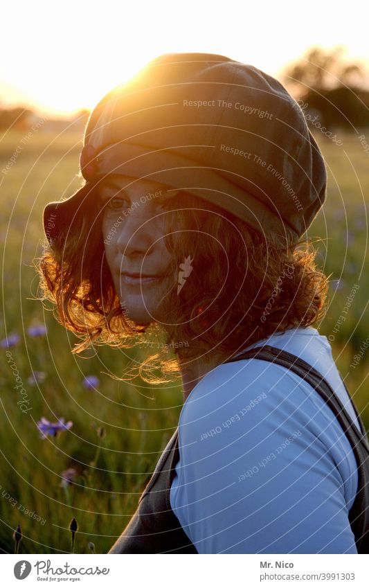 summer day Summer's day Nature Sunlight Meadow Environment Face Hair and hairstyles Landscape Sunrise Sunset Field Cap Curl Contentment Beautiful weather Warmth