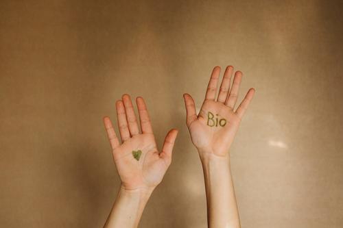 Hands with the word bio and a heart in green color organic Ecological Organic produce hands Sustainability salubriously Heart Nutrition Eco-friendly Biological