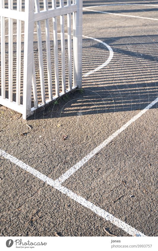 Wooden fence on sports field White Sports Places Sporting grounds Gray Bright Sun Shadow Sunset clear Symetric lines Park out Portrait format Colour photo