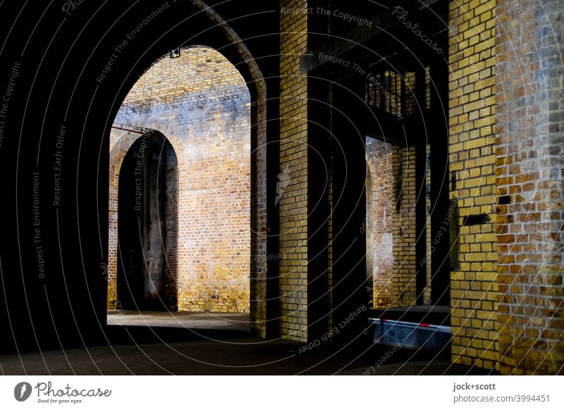 Underground vaulted hall Architecture Manmade structures Brick Structures and shapes Light (Natural Phenomenon) Artificial light Masonry Subsoil Vault Historic